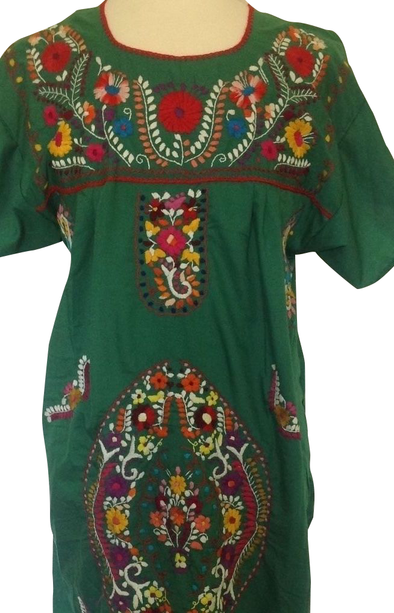 DARK GREEN ABOVE KNEE EMBROIDERED MEXICAN PEASANT MINI DRESS 