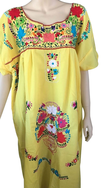 YELLOW PEASANT EMBROIDERED MEXICAN DRESS 