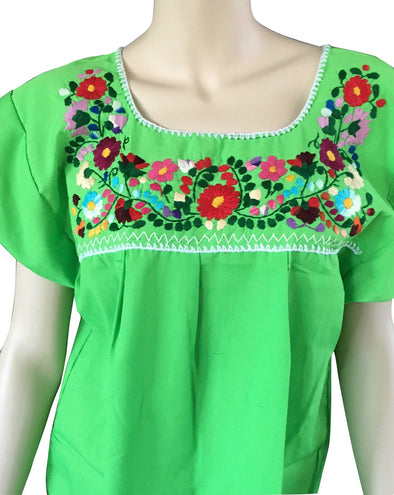 LIME GREEN EMBROIDERED MEXICAN PEASANT BLOUSE 