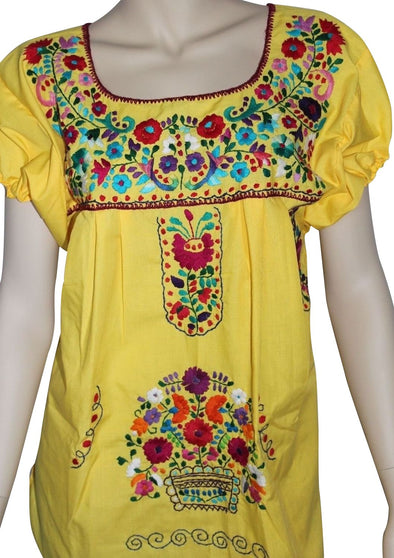 YELLOW EMBROIDERED MEXICAN PEASANT BLOUSE WITH ELASTIC 