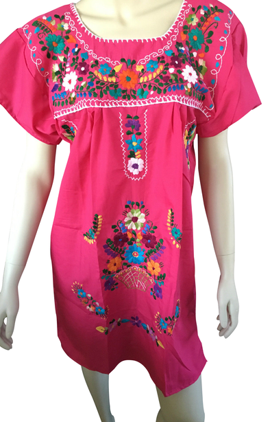 HOT PINK ABOVE KNEE EMBROIDERED MEXICAN PEASANT MINI DRESS 