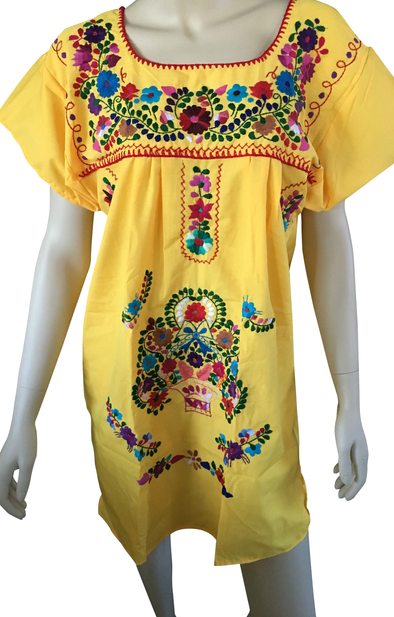 YELLOW ABOVE KNEE EMBROIDERED MEXICAN PEASANT MINI DRESS 