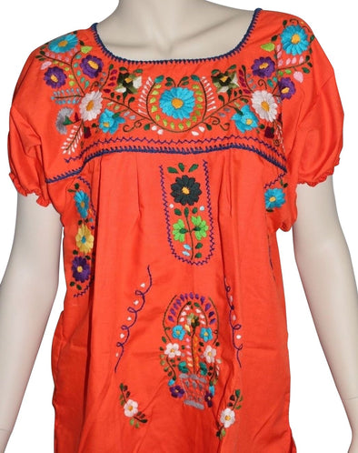 ORANGE EMBROIDERED MEXICAN PEASANT BLOUSE WITH ELASTIC 