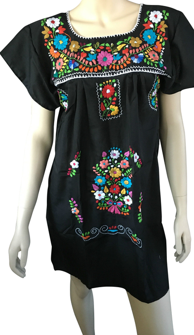 BLACK ABOVE KNEE EMBROIDERED MEXICAN PEASANT MINI DRESS 