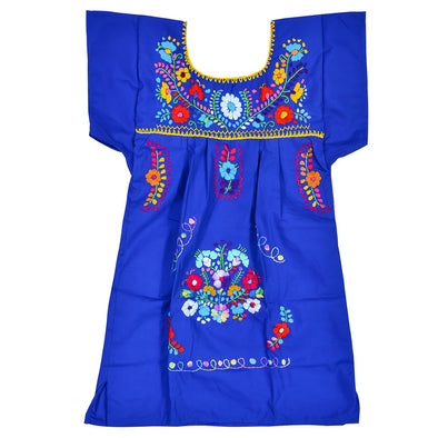 ROYAL BLUE GIRLS PEASANT HAND EMBROIDERED MEXICAN DRESS 