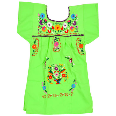 LIME GREEN GIRLS PEASANT HAND EMBROIDERED MEXICAN DRESS 