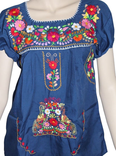 NAVY BLUE EMBROIDERED MEXICAN PEASANT BLOUSE WITH ELASTIC 