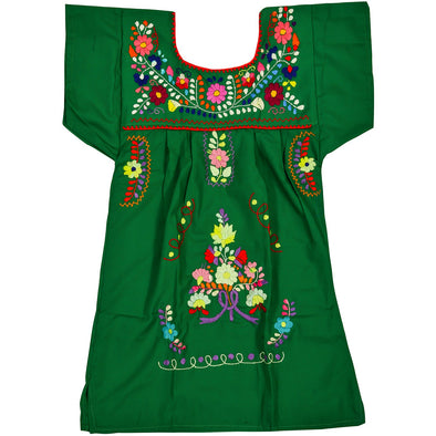 DARK GREEN GIRLS PEASANT HAND EMBROIDERED MEXICAN DRESS 
