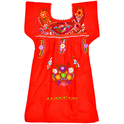 RED GIRLS PEASANT HAND EMBROIDERED MEXICAN DRESS 