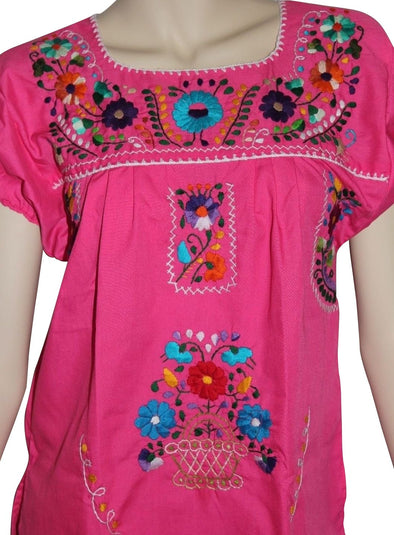 HOT PINK EMBROIDERED MEXICAN PEASANT BLOUSE WITH ELASTIC 