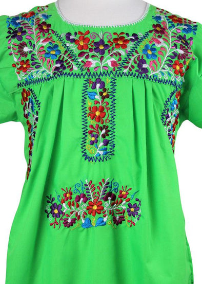 LIME GREEN EMBROIDERED MEXICAN PEASANT BLOUSE WITH ELASTIC 