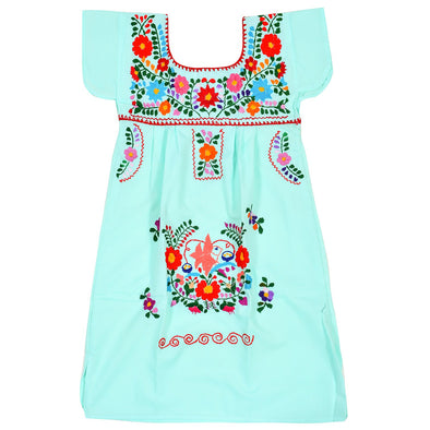 AQUA GIRLS PEASANT HAND EMBROIDERED MEXICAN DRESS 