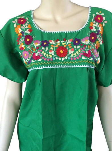 DARK GREEN EMBROIDERED MEXICAN PEASANT BLOUSE 