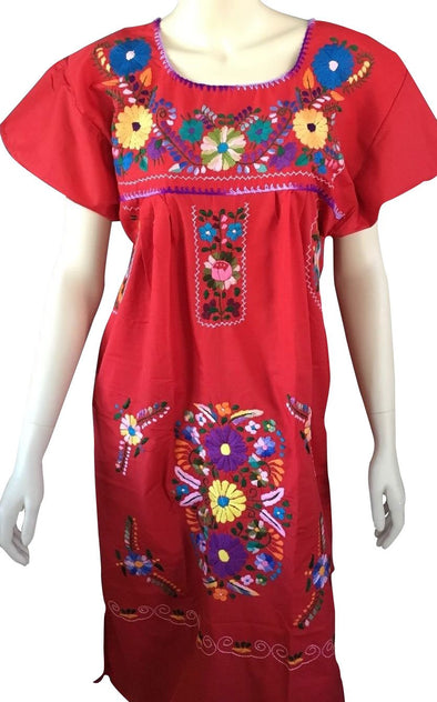 RED PEASANT EMBROIDERED MEXICAN DRESS 