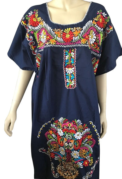 NAVY BLUE PEASANT EMBROIDERED MEXICAN DRESS 
