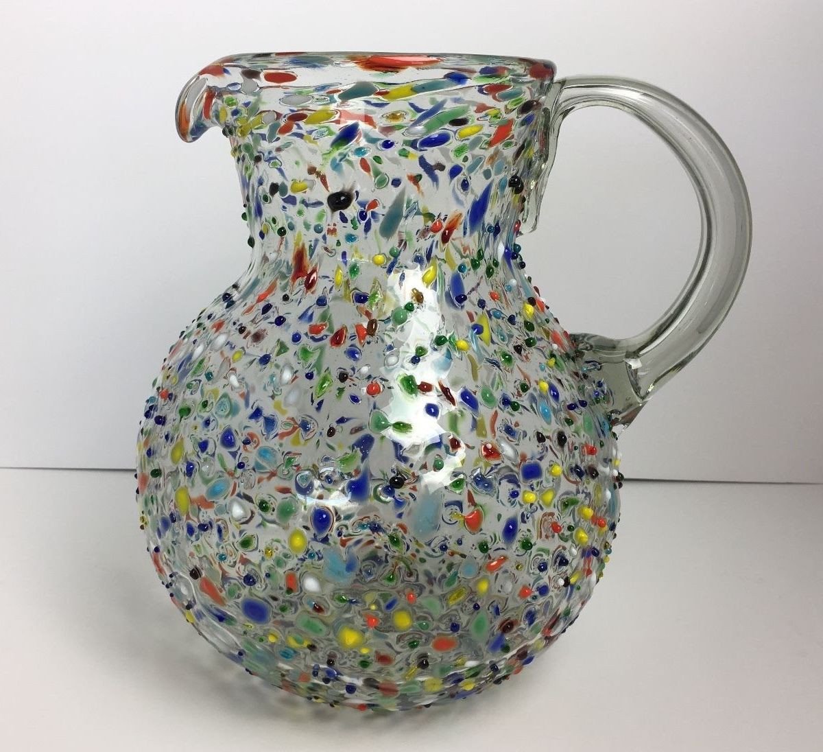 Hand Blown Spanish Sangria Pitcher with Handle, Mexican Water Jug Glass  with Confetti Rock Design (84 oz)