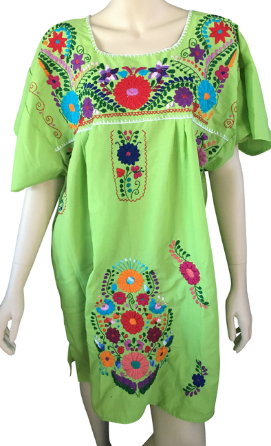 LIME GREEN ABOVE KNEE EMBROIDERED MEXICAN PEASANT MINI DRESS 