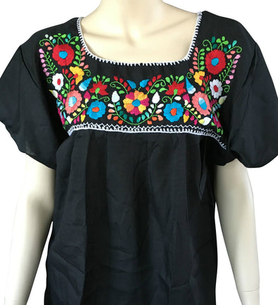 BLACK EMBROIDERED MEXICAN PEASANT BLOUSE 