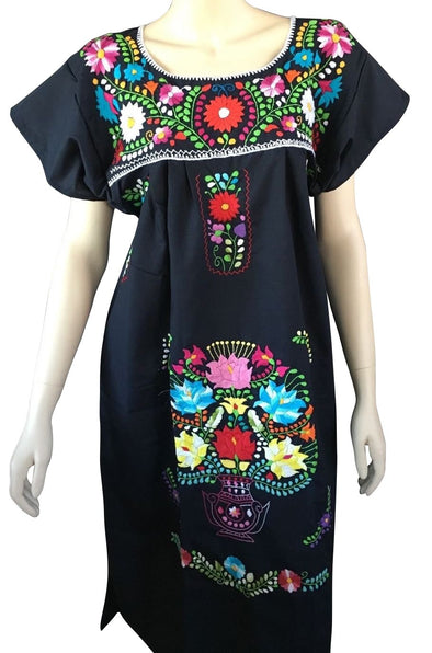 BLACK PEASANT EMBROIDERED MEXICAN DRESS 