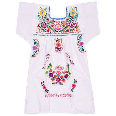 WHITE GIRLS PEASANT HAND EMBROIDERED MEXICAN DRESS 