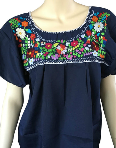 NAVY BLUE EMBROIDERED MEXICAN PEASANT BLOUSE 