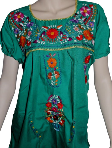 DARK GREEN EMBROIDERED MEXICAN PEASANT BLOUSE WITH ELASTIC 