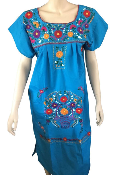 TURQUOISE PEASANT EMBROIDERED MEXICAN DRESS 