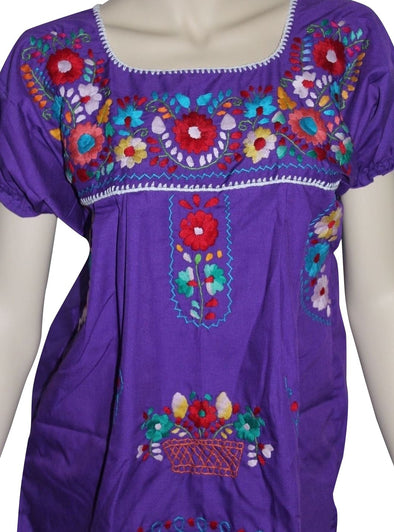 PURPLE EMBROIDERED MEXICAN PEASANT BLOUSE WITH ELASTIC 