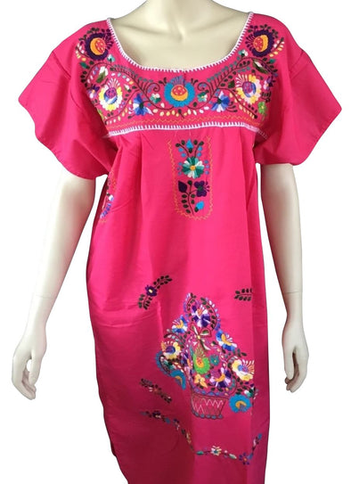 HOT PINK PEASANT EMBROIDERED MEXICAN DRESS 