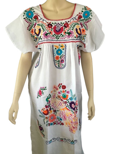 WHITE PEASANT EMBROIDERED MEXICAN DRESS 