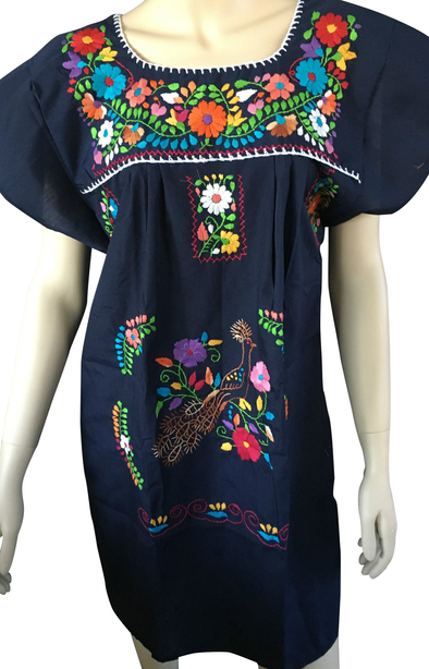 NAVY BLUE ABOVE KNEE EMBROIDERED MEXICAN PEASANT MINI DRESS 