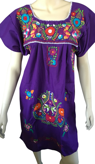 PURPLE ABOVE KNEE EMBROIDERED MEXICAN PEASANT MINI DRESS 