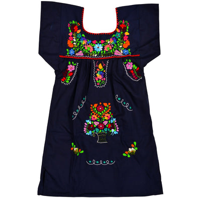 NAVY BLUE GIRLS PEASANT HAND EMBROIDERED MEXICAN DRESS 