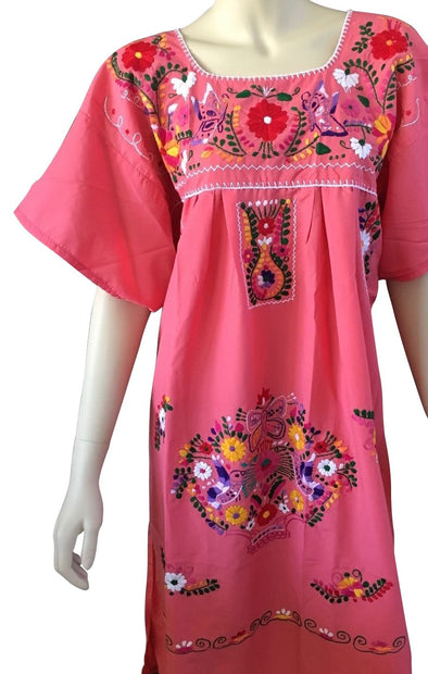 CORAL PEASANT EMBROIDERED MEXICAN DRESS 