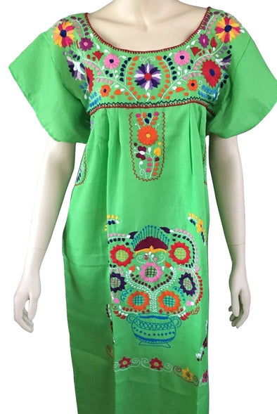 LIME GREEN PEASANT EMBROIDERED MEXICAN DRESS 