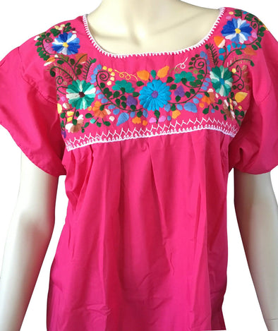 HOT PINK EMBROIDERED MEXICAN PEASANT BLOUSE 
