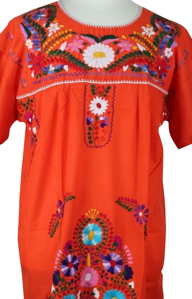 ORANGE ABOVE KNEE EMBROIDERED MEXICAN PEASANT MINI DRESS 