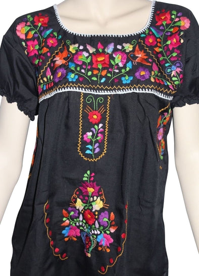 BLACK EMBROIDERED MEXICAN PEASANT BLOUSE WITH ELASTIC 