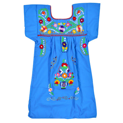 TURQUOISE GIRLS PEASANT HAND EMBROIDERED MEXICAN DRESS 