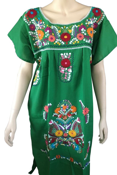 DARK GREEN PEASANT EMBROIDERED MEXICAN DRESS 