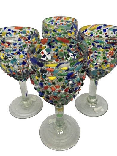 MEXICAN CONFETTI WITH COLOR PEBBLES HANDBLOWN WINE GLASSES 