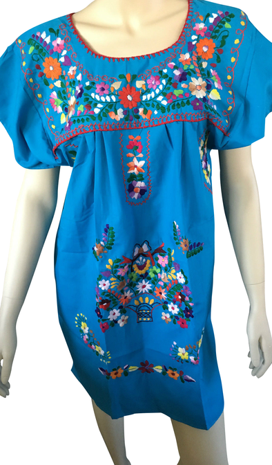 TURQUOISE ABOVE KNEE EMBROIDERED MEXICAN PEASANT MINI DRESS 