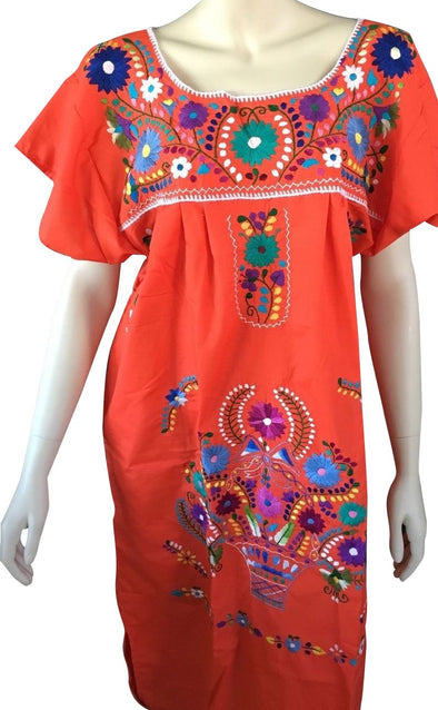 ORANGE PEASANT EMBROIDERED MEXICAN DRESS 
